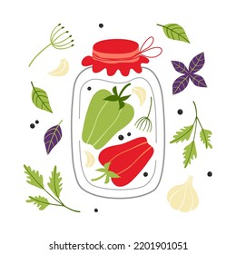 Canned Pepper Set. Pickled vegetables in a jar. Vector illustration isolated on white background for print, background, packaging, posters, stickers, textile, menu.
