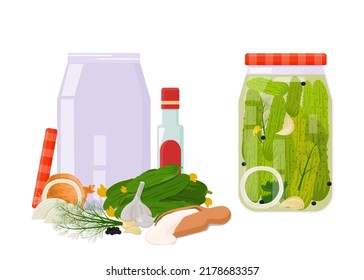 Copeteros enlatados de encurtido. Especias, productos marinados, jarra de vidrio.  Comida casera en lata. Ilustración vectorial.