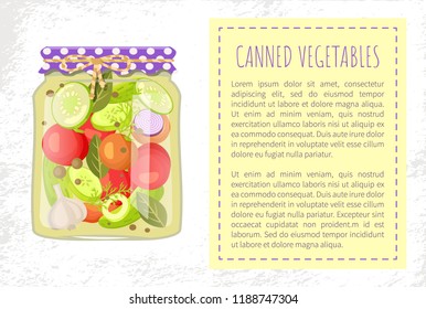 Canned Pickled Vegetable Mixed In Glass Jar Vector Poster. Zucchini And Tomato, Onion And Cucumber, Dill And Garlic Seasoning, Bay Leaves, Mix Of Veggies