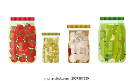 Canned pickled vegetables with spices in a glass jar. Tomatoes, cucumbers, olives, mushrooms. Homemade canned food. Vector