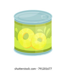 Canned pineapple rings, tinned food in aluminum can cartoon vector Illustration
