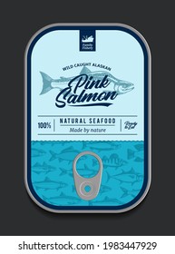 Canned pink salmon label template, vector fish tin can with label cover, packaging design concept