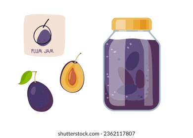 Canned Plum isolated on white background. Plum jam ingredients, glass jar. Homemade fruit jelly, compote. Jar preserved fruits. Flat vector Food template for menu, sticker, logo, farmers market.