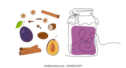 Frasco de ciruelas enlatadas e ingredientes. Dibujo continuo de una línea con estilo mínimo. Frasco de vidrio con jugo, compota, mermelada en línea de silueta. Icono ecológico dulce, diseño de contorno contemporáneo alimento natural