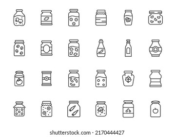 Juego de iconos de línea de alimentos conservados en latas. El vector de verduras de tomate natural Jar puede marinado icono.