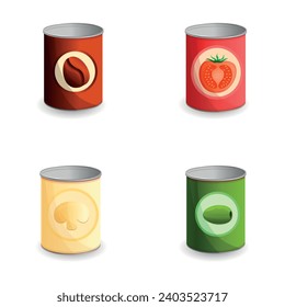 Canned product icons set cartoon vector. Metal can of preserved food. Unhealthy food