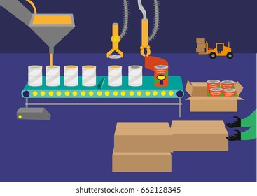 Canned product processed along a production line in a factory warehouse. Editable Clip Art.
