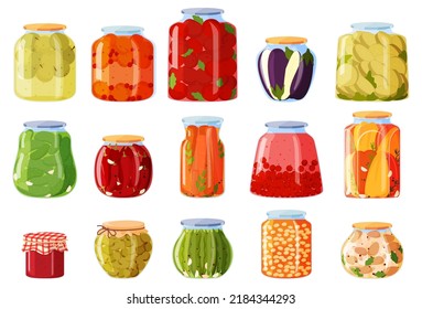 Canned products in glass jars. Long-term food storage. Vector illustration