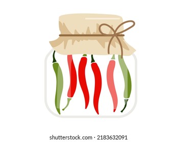 El doodle de pimienta picante rojo y verde enlatado aislado. Jar conservaba verduras. Planilla plana de alimentación para menú, pegatina, logotipo, concepto de desintoxicación, mercado de agricultores. Hortalizas de granja. Diseño de receta