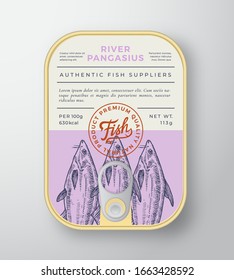 Canned River Fish Abstract Vector Aluminium Container Packaging Design or Label. Modern Typography Banner, Hand Drawn Pangasius Silhouette with Lettering Logo. Color Paper Background Layout. Isolated.