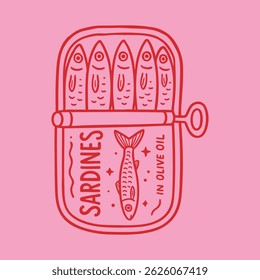 Canned sardines fish illustration for t-shirt print, retro poster, kitchen wall art, sticker and packaging design. Hand-drawn vintage fish drawing in line art style