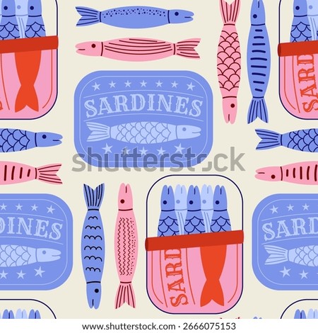 Canned sardines fish vector flat background. Seamless pattern perfect for textile, fabric, fashion design