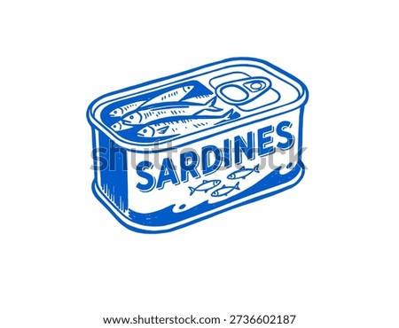 Canned sardines, isolated hand-drawn style, blue ink food illustration, healthy eating, mediterranean diet, old packaging label design, marine life