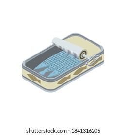 Canned sardines - isometric hand drawn vector illustration. Flat color design.