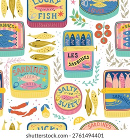Canned sardines seamless pattern. Hand drawn seafood, fish, tomatoes, lemon repeat background. Mediterranean coastal textile design, vector aesthetic sardines tins print, wallpaper, wrap paper.