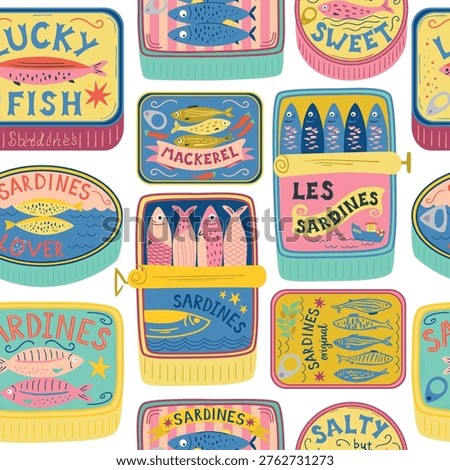 Canned sardines seamless pattern. Hand drawn seafood, fish, mackerel, tomatoes, lemon repeat background. Mediterranean coastal textile design, vector aesthetic sardines tins print, wallpaper, wrap.