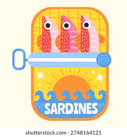 Canned sardines with sunset and ocean waves design, retro yellow fish tin illustration, nautical food poster with three pink sardines.