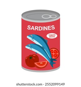 Canned sardines in tomato sauce flat design vector illustration.