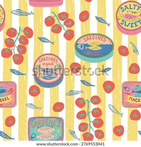 Canned sardines, tomatoes seamless pattern. Cartoon Mediterranean fish fins, seafood on the yellow striped repeat background. Vector summer textile design, fashion, fabric, wallpaper, print.