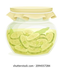 Canned Sliced Pickled Cucumber or Gherkin Preserved with Brine in Glass Jar Vector Illustration