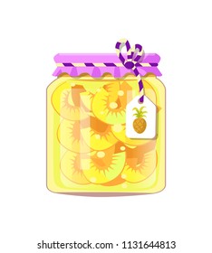 Canned sliced pineapple in glass jar decorated with bow tied lid and label with pine depiction. Fruit conservation vector illustration isolated.