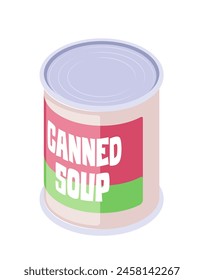 A canned soup with a simple design on a plain background, depicting the concept of food packaging. Vector illustration isolated on white background