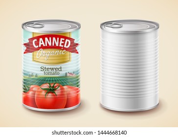 Canned stewed tomato package design in 3d illustration