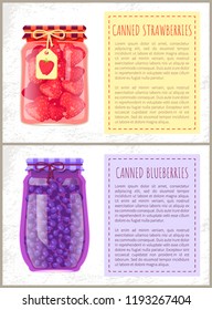 Canned strawberries and blueberries in jars banners set. Preserved berries inside glass containers beside text, conserved food, vector illustrations.