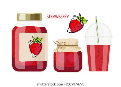 Canned strawberries. Compote and jam in jars, drink in glass, Strawberry sketch for label. Canned fruit. Fruit conservation vector illustration. Farmer Market Branding. Organic food template