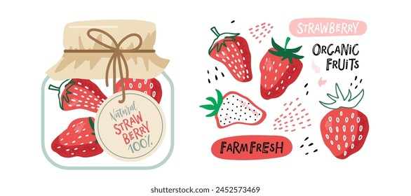 Canned strawberries. Compote or jam in jars, drink in glass and fresh red berry. Canned fruit. Fruit conservation vector illustration. Farmer Market Branding. Organic food template. Sweet food icon