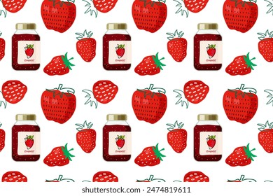 Canned strawberries seamless pattern. Compote ore jam in jars, drink in glass and Strawberry fruit. Canned fruit. Fruit conservation vector illustration for wallpaper, wrapping. Organic food template