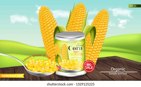 Canned sweet corn Vector realistic. Metal tin. Product package mock up. Label design. 3d detailed illustrations