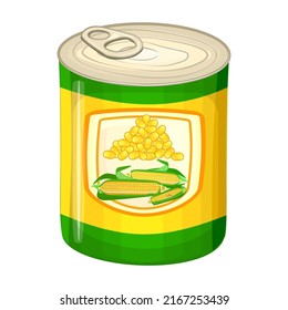 Canned sweet maize in tin can with corn cob on label. Canned food, long term storage product concept. Tin can with corn kernels in tin packaging. Vitamin source, cooking ingredient.Vector illustration