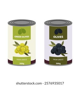 Canned tin with pickled olives, food product packaging isolated vector. Green and black olives.