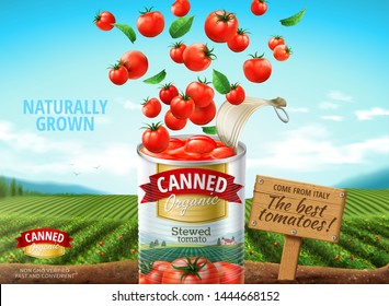 Anuncios de tomate en lata con ingredientes frescos cayendo en el recipiente sobre fondo de campo verde, 3d ilustración