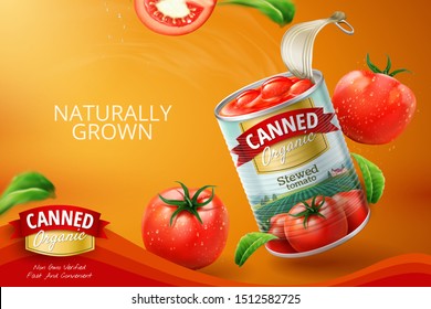 Canned tomato ads with fresh vegetables in 3d illustration