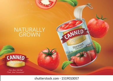 Canned tomato ads with fresh vegetables in 3d illustration