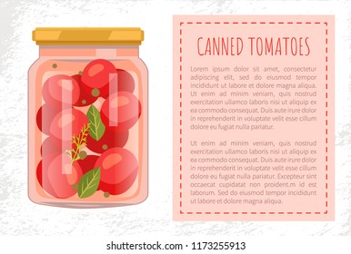 Canned tomato veggies preserved food in screw-cap glass jar. Cherry vegetable with bay leaf, whole pepper and dill spicery flat vector poster, text sample