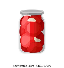 Canned tomatoes in glass jar. Marinated vegetables. Tasty homemade product. Flat vector design