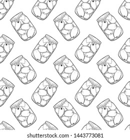 Canned tomatoes preserve. Vector concept in doodle and sketch style. Hand drawn illustration for printing on T-shirts, postcards. Seamless pattern for textile, paper wrap. Texture background.