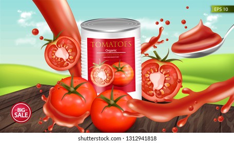 Tomates enlatados Vetor maquete realista. Colocação de produtos. Ilustrações detalhadas em 3d