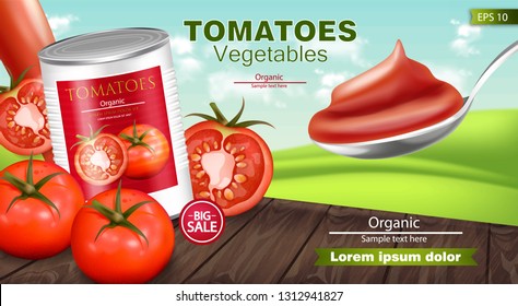 Canned tomatoes Vector realistic mock up. Product placement. 3d detailed illustrations