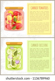 Canned tomatoes and zucchini vector illustration isolated on white background, text sample and glossy banks with preserved food, healthy meal in jars