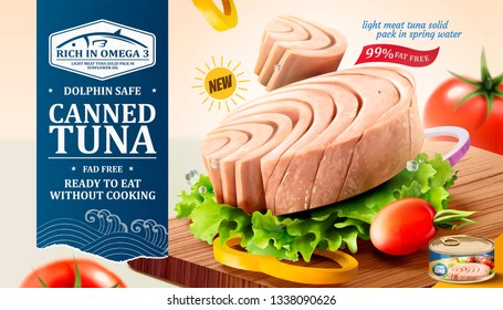 Canned tuna ads with fresh vegetables on chopping board in 3d illustration