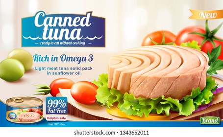 Canned Tuna Ads With Fresh Vegetables In 3d Illustration