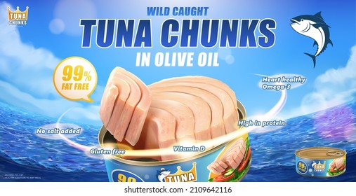 Canned tuna chunk banner ad. 3D Illustration of tuna chunk in a can on sea background. Concept of wild caught and nutritious canned fish