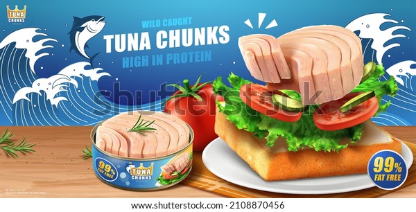 Canned tuna chunk banner ad. 3D Illustration of a\
tasty tuna sandwich made with canned tuna flesh and fresh salad on\
wooden table with bluefin tuna jumping out from sea waves depicted\
in the back