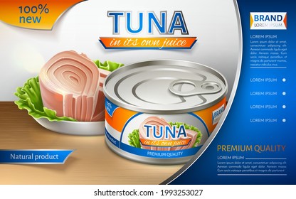 Canned Tuna In An Iron Can. Package Design. Advertising Banner. Realistic Vector Illustration.