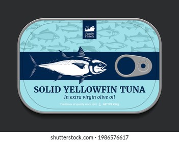 Canned Tuna Label Template, Vector Fish Tin Can With Label Cover, Packaging Design Concept