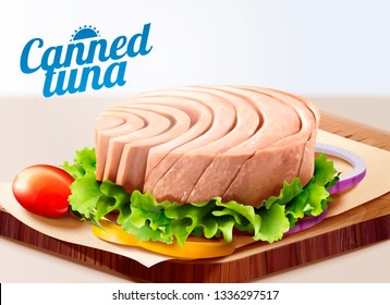 Canned Tuna On Chopping Board With Lettuce In 3d Illustration